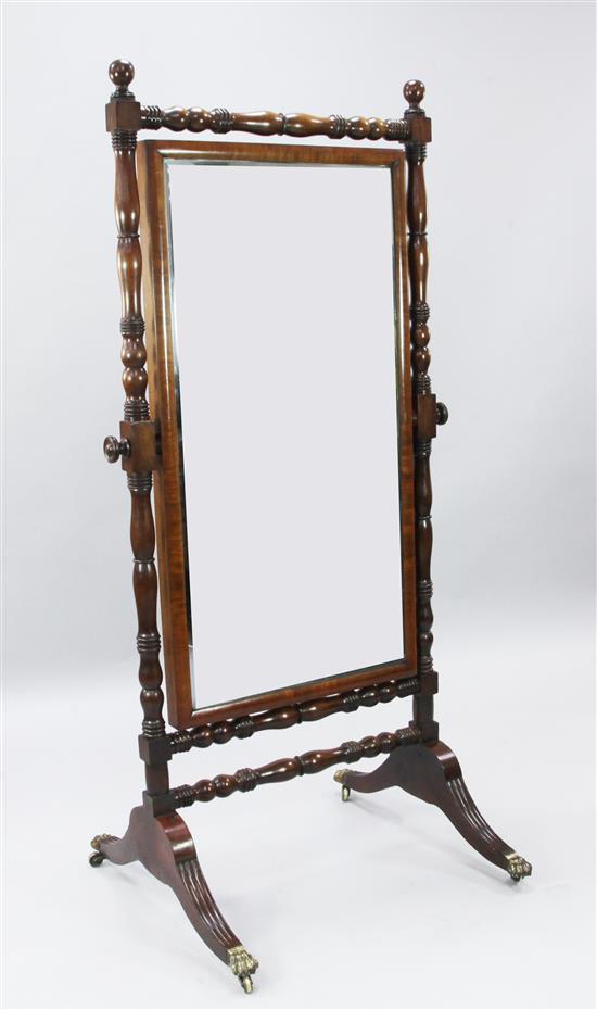 A Regency mahogany cheval mirror, W.2ft 3in. H.5ft 3in.